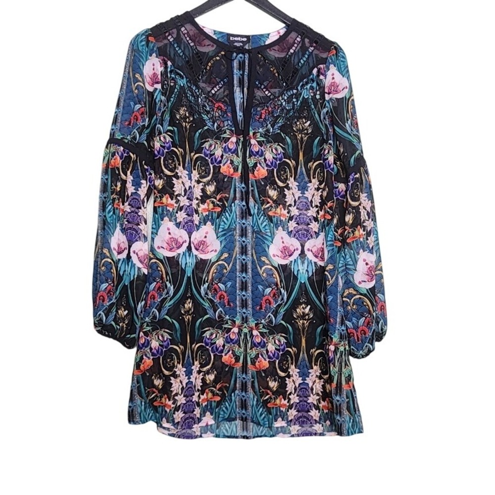 Bebe Sheer Tunic Top Mini Dress Boho Balloon‎ Long Sleeve Black Split Neck XS